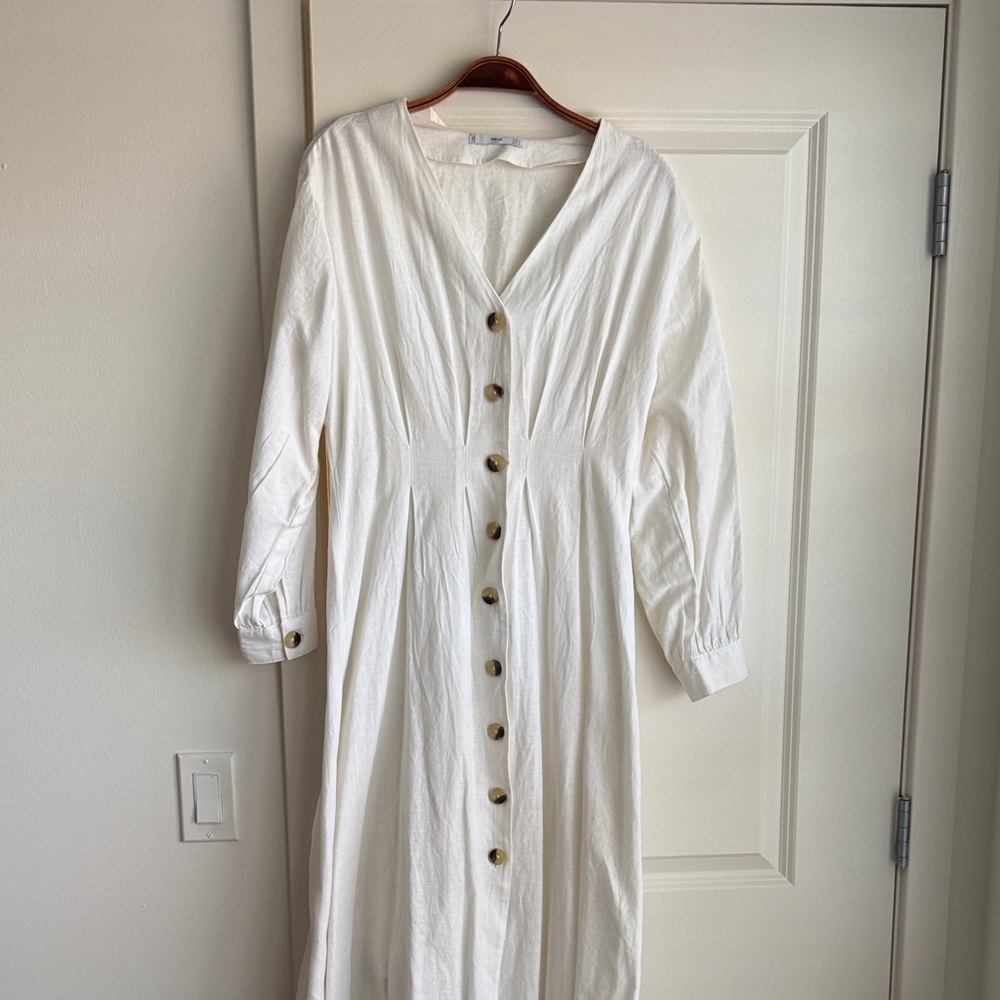 White Button-Front V-Neck Midi Dress